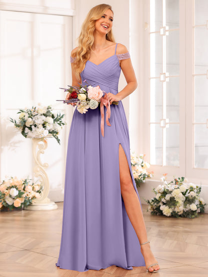 Forme Princesse Bretelles spaghetti Longue Robes de soirée de mariage avec Côté fendu et poches