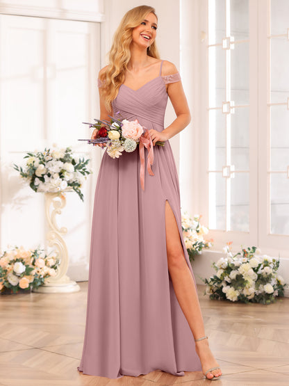 Forme Princesse Bretelles spaghetti Longue Robes de soirée de mariage avec Côté fendu et poches