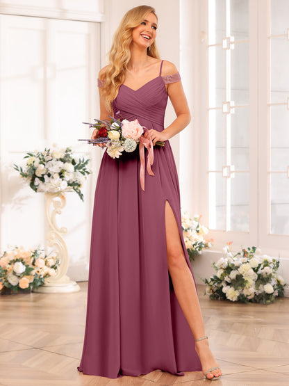 Forme Princesse Bretelles spaghetti Longue Robes de soirée de mariage avec Côté fendu et poches