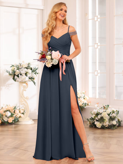 Forme Princesse Bretelles spaghetti Longue Robes de soirée de mariage avec Côté fendu et poches