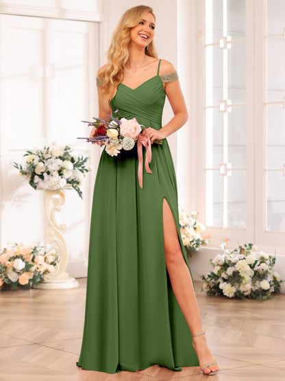 Forme Princesse Bretelles spaghetti Longue Robes de soirée de mariage avec Côté fendu et poches