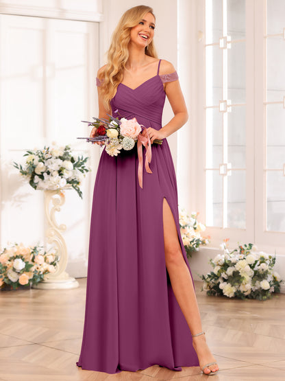 Forme Princesse Bretelles spaghetti Longue Robes de soirée de mariage avec Côté fendu et poches