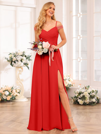 Forme Princesse Bretelles spaghetti Longue Robes de soirée de mariage avec Côté fendu et poches