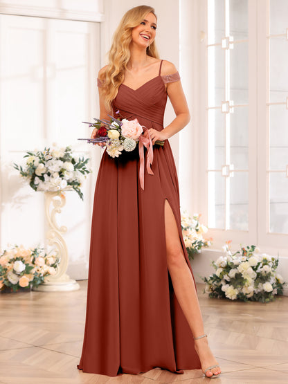 Forme Princesse Bretelles spaghetti Longue Robes de soirée de mariage avec Côté fendu et poches