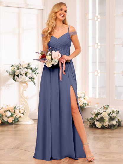 Forme Princesse Bretelles spaghetti Longue Robes de soirée de mariage avec Côté fendu et poches