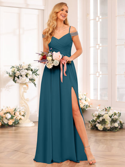 Forme Princesse Bretelles spaghetti Longue Robes de soirée de mariage avec Côté fendu et poches