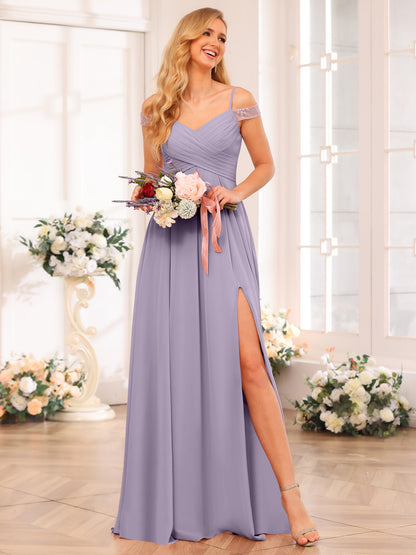 Forme Princesse Bretelles spaghetti Longue Robes de soirée de mariage avec Côté fendu et poches