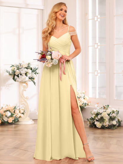 Forme Princesse Bretelles spaghetti Longue Robes de soirée de mariage avec Côté fendu et poches