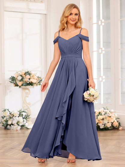Forme Princesse Bretelles spaghetti Longue Robes de soirée de mariage avec Côté fendu
