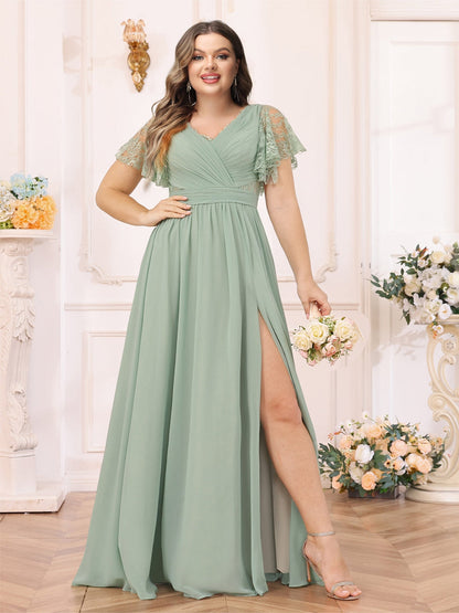 Robe de Mariée Longue Grande Taille, Coupe Trapèze/Princesse, Col en V avec Fentes Latérales et Poches