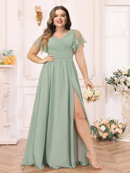 Robe de Mariée Longue Grande Taille, Coupe Trapèze/Princesse, Col en V avec Fentes Latérales et Poches