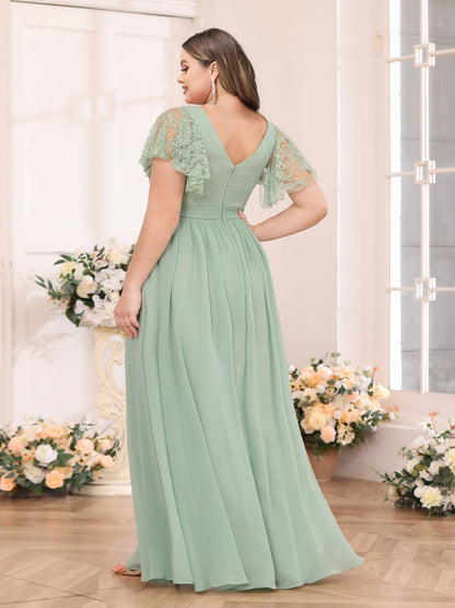 Robe de Mariée Longue Grande Taille, Coupe Trapèze/Princesse, Col en V avec Fentes Latérales et Poches