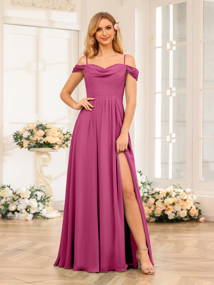Forme Princesse Bretelles spaghetti Longue Robes de soirée de mariage avec Côté fendu