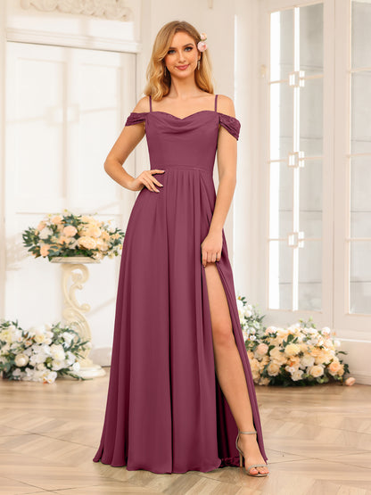 Forme Princesse Bretelles spaghetti Longue Robes de soirée de mariage avec Côté fendu