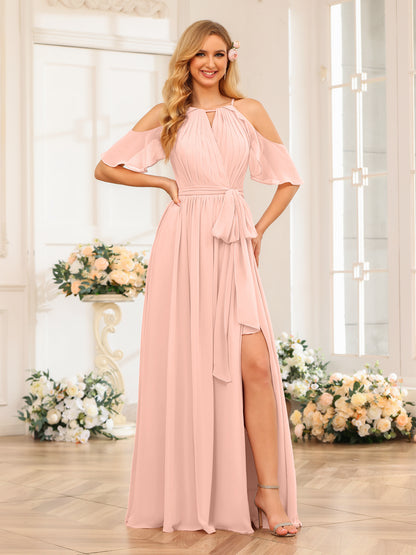 Forme Princesse Licou Longue Robes de soirée de mariage avec Côté fendu et ceinture