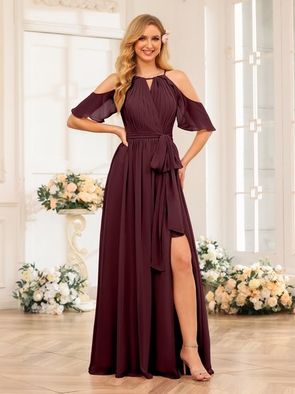 Forme Princesse Licou Longue Robes de soirée de mariage avec Côté fendu et ceinture