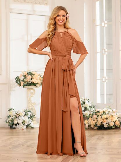 Forme Princesse Licou Longue Robes de soirée de mariage avec Côté fendu et ceinture