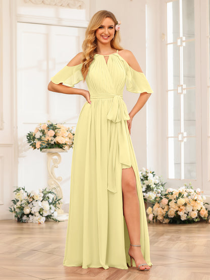 Forme Princesse Licou Longue Robes de soirée de mariage avec Côté fendu et ceinture