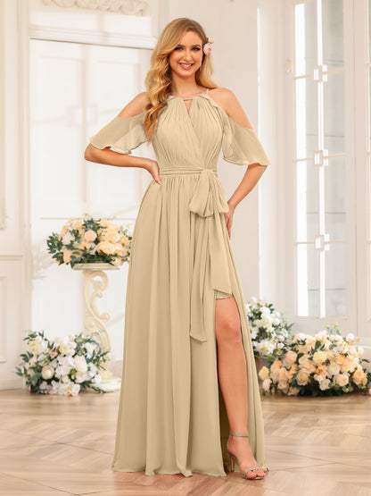 Forme Princesse Licou Longue Robes de soirée de mariage avec Côté fendu et ceinture