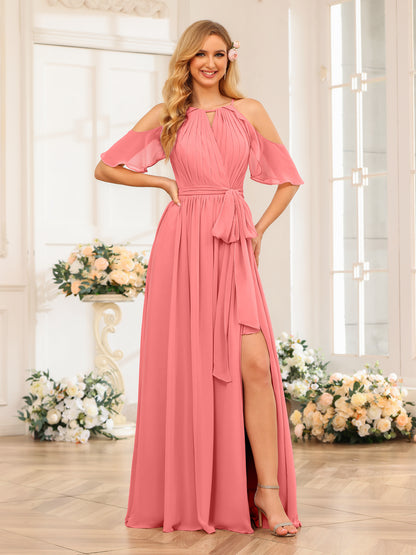 Forme Princesse Licou Longue Robes de soirée de mariage avec Côté fendu et ceinture