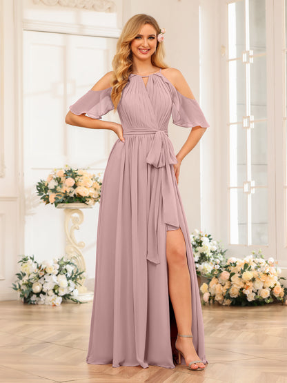 Forme Princesse Licou Longue Robes de soirée de mariage avec Côté fendu et ceinture