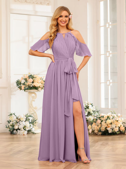 Forme Princesse Licou Longue Robes de soirée de mariage avec Côté fendu et ceinture