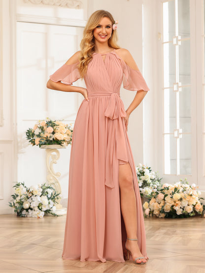 Forme Princesse Licou Longue Robes de soirée de mariage avec Côté fendu et ceinture