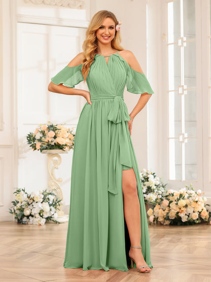Forme Princesse Licou Longue Robes de soirée de mariage avec Côté fendu et ceinture