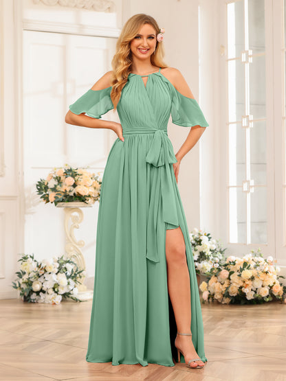 Forme Princesse Licou Longue Robes de soirée de mariage avec Côté fendu et ceinture