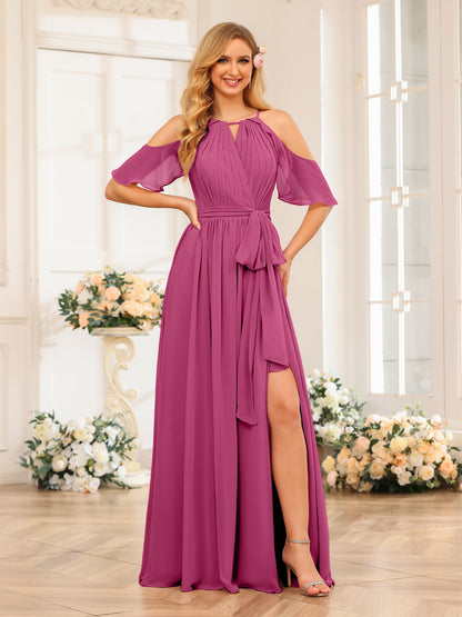 Forme Princesse Licou Longue Robes de soirée de mariage avec Côté fendu et ceinture