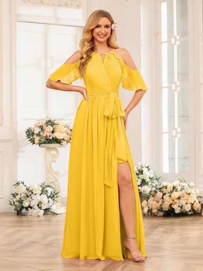 Forme Princesse Licou Longue Robes de soirée de mariage avec Côté fendu et ceinture