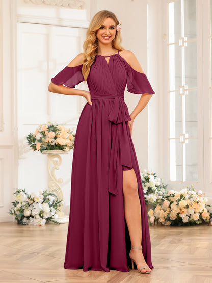 Forme Princesse Licou Longue Robes de soirée de mariage avec Côté fendu et ceinture