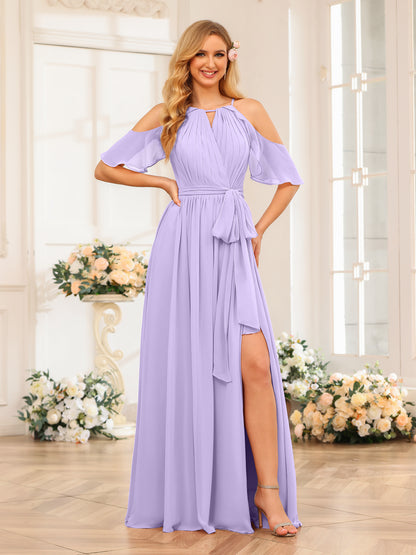 Forme Princesse Licou Longue Robes de soirée de mariage avec Côté fendu et ceinture