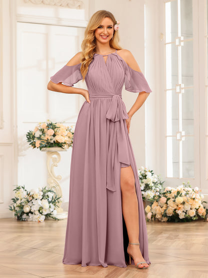 Forme Princesse Licou Longue Robes de soirée de mariage avec Côté fendu et ceinture