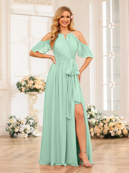 Forme Princesse Licou Longue Robes de soirée de mariage avec Côté fendu et ceinture