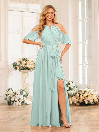 Forme Princesse Licou Longue Robes de soirée de mariage avec Côté fendu et ceinture