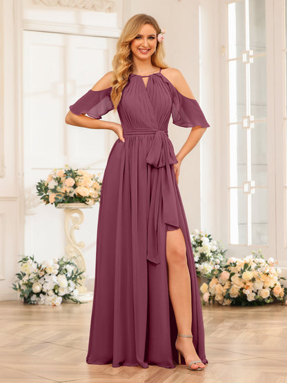 Forme Princesse Licou Longue Robes de soirée de mariage avec Côté fendu et ceinture