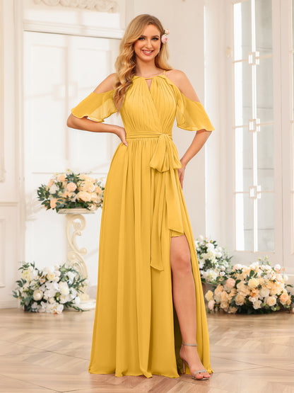 Forme Princesse Licou Longue Robes de soirée de mariage avec Côté fendu et ceinture