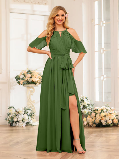 Forme Princesse Licou Longue Robes de soirée de mariage avec Côté fendu et ceinture