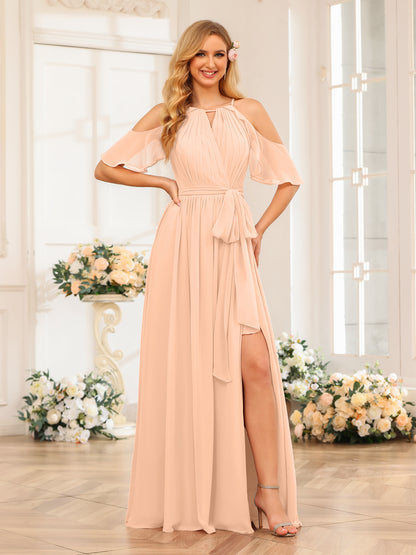 Forme Princesse Licou Longue Robes de soirée de mariage avec Côté fendu et ceinture