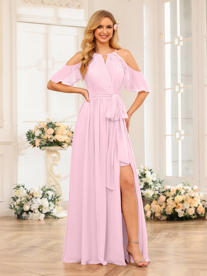 Forme Princesse Licou Longue Robes de soirée de mariage avec Côté fendu et ceinture
