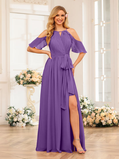 Forme Princesse Licou Longue Robes de soirée de mariage avec Côté fendu et ceinture