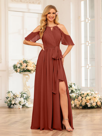 Forme Princesse Licou Longue Robes de soirée de mariage avec Côté fendu et ceinture