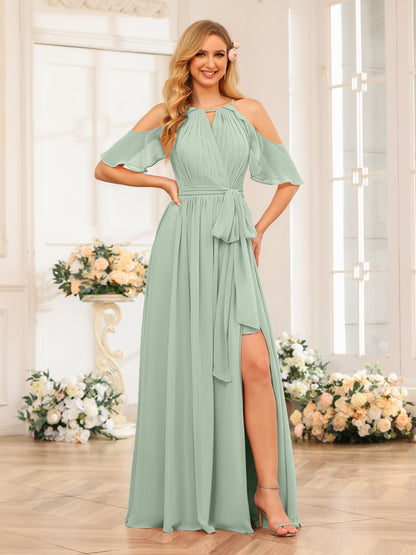 Forme Princesse Licou Longue Robes de soirée de mariage avec Côté fendu et ceinture