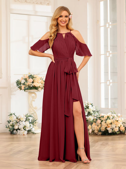 Forme Princesse Licou Longue Robes de soirée de mariage avec Côté fendu et ceinture