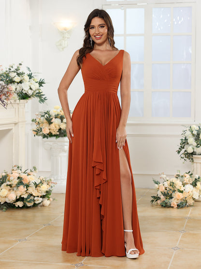 Robe de Mariée Longue à Col En V et Fente Sur Le Côté Coupe A-Line/Princess