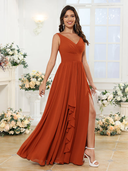 Robe de Mariée Longue à Col En V et Fente Sur Le Côté Coupe A-Line/Princess