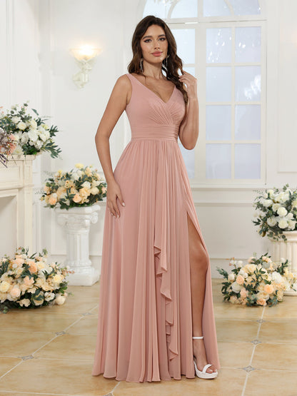 Robe de Mariée Longue à Col En V et Fente Sur Le Côté Coupe A-Line/Princess