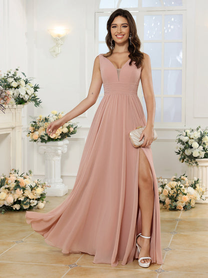Robe de Mariée Longue Coupe A-Line/Princess à Col En V avec Fente Sur Le Côté et Poches