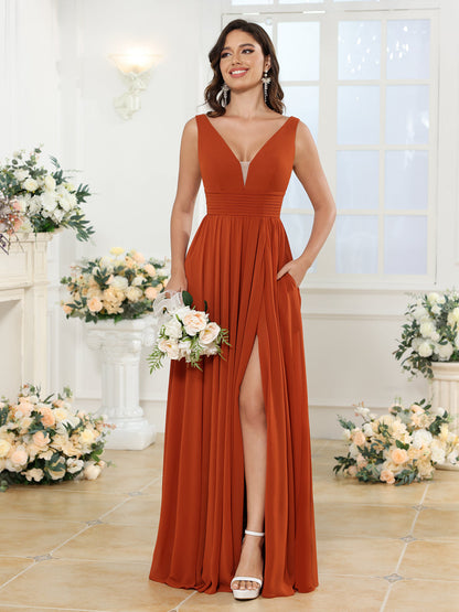 Robe de Mariée Longue Coupe A-Line/Princess à Col En V avec Fente Sur Le Côté et Poches